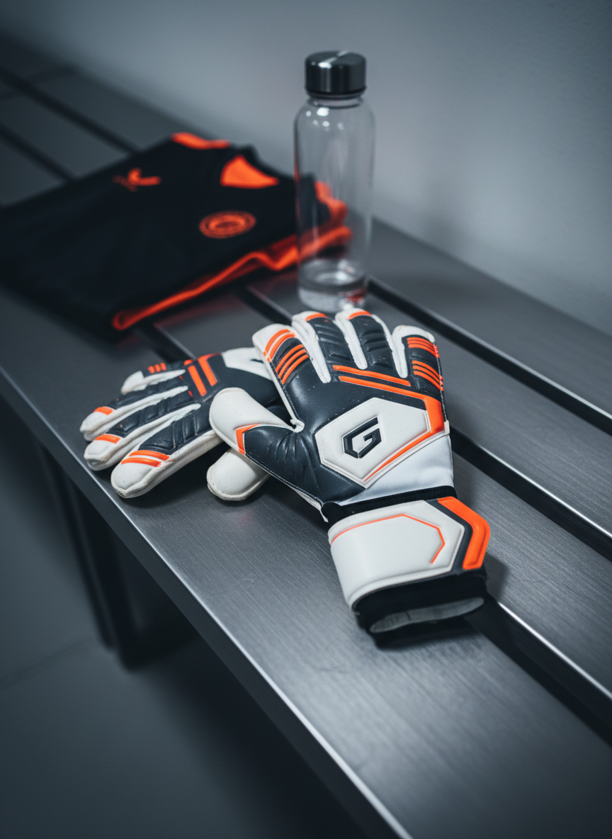 A pair of stylish goalkeeper gloves placed on a dark, brushed metal locker room bench, with a folded training jersey and a water bottle in the softly blurred background. The gloves combine white, charcoal grey, and a bold accent color like fluorescent orange, with sculpted backhand panels and a streamlined logo embedded on the strap. Cool, diffused overhead lighting creates gentle reflections off the synthetic materials and casts defined but soft shadows. Photographic realism with a slightly elevated angle and centered composition. The mood is focused and professional, blending lifestyle and performance, suggesting pre-game preparation and quiet confidence.