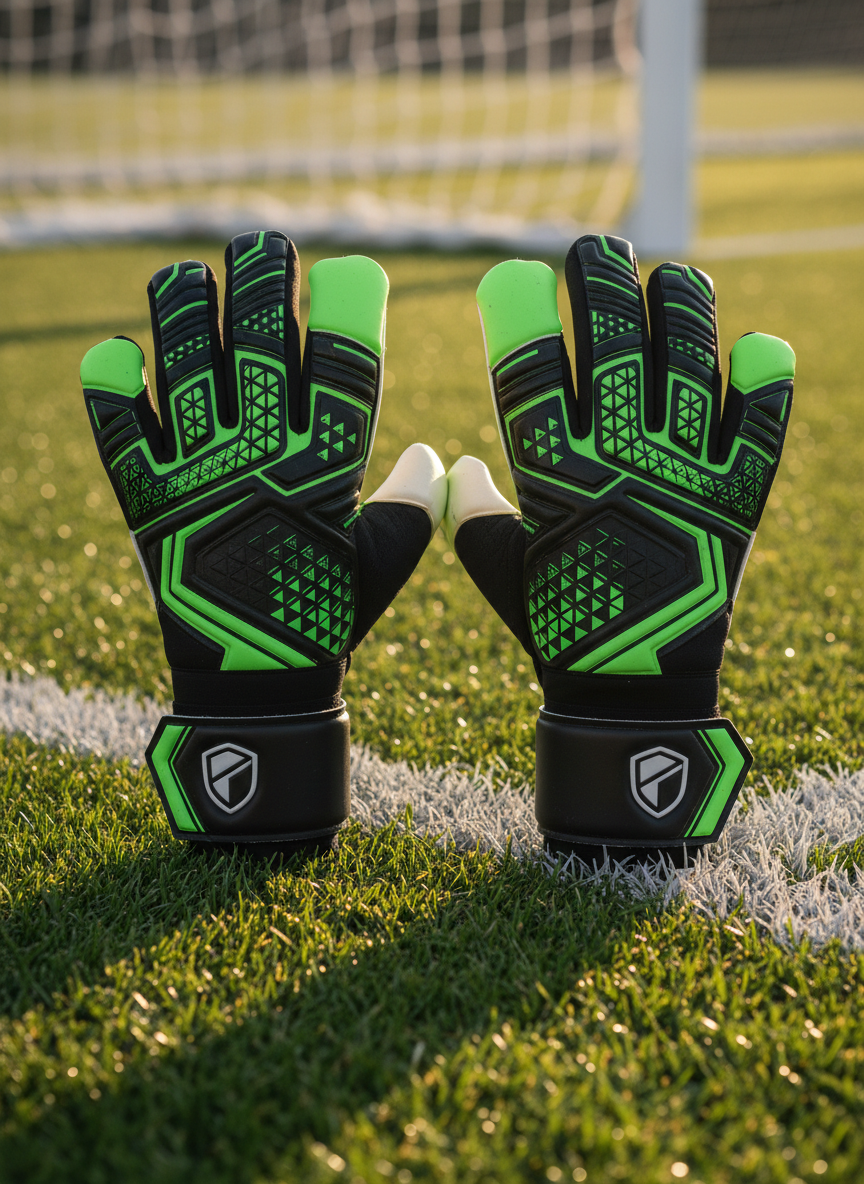 A pair of elite football goalkeeper gloves in bold black and electric neon green, resting on pristine, freshly cut goal-line grass. The gloves showcase textured latex palms with high-grip patterns, ergonomic finger cuts, and reinforced punching zones, with a clean, shield-like logo on each wrist strap. Late afternoon stadium light pours in from the side, creating strong highlights on the glossy grip and subtle shadows between the fingers. The net and goalpost blur softly in the background. Photographic realism, eye-level composition with shallow depth of field, emphasizing performance, confidence, and modern style in a powerful, bold atmosphere.