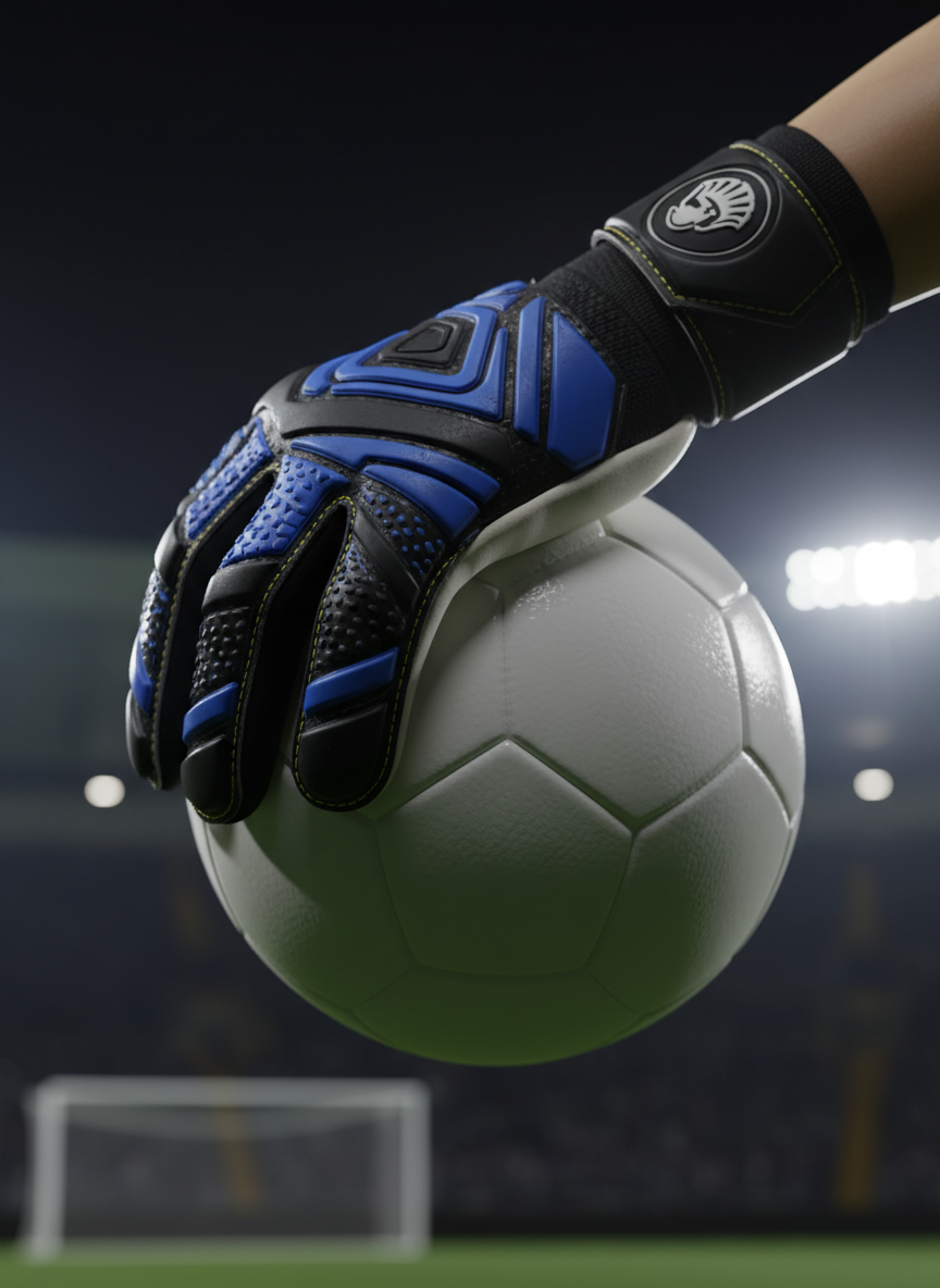 Close-up, ultra-detailed macro shot of a single goalkeeper glove gripping a sleek, white match ball at the edge of the penalty area. The glove features contrasting matte and glossy materials, bold geometric patterns, and a prominently displayed crest-style logo on the elastic wrist strap. Tiny rubber textures and stitching lines are clearly visible. Under bright stadium floodlights at night, dramatic lighting creates sharp highlights and deep shadows, emphasizing the high-performance design. The blurred background shows a hint of illuminated goal net and dark stands. Photographic realism, low-angle, intense and energetic mood focused on grip, control, and precision.