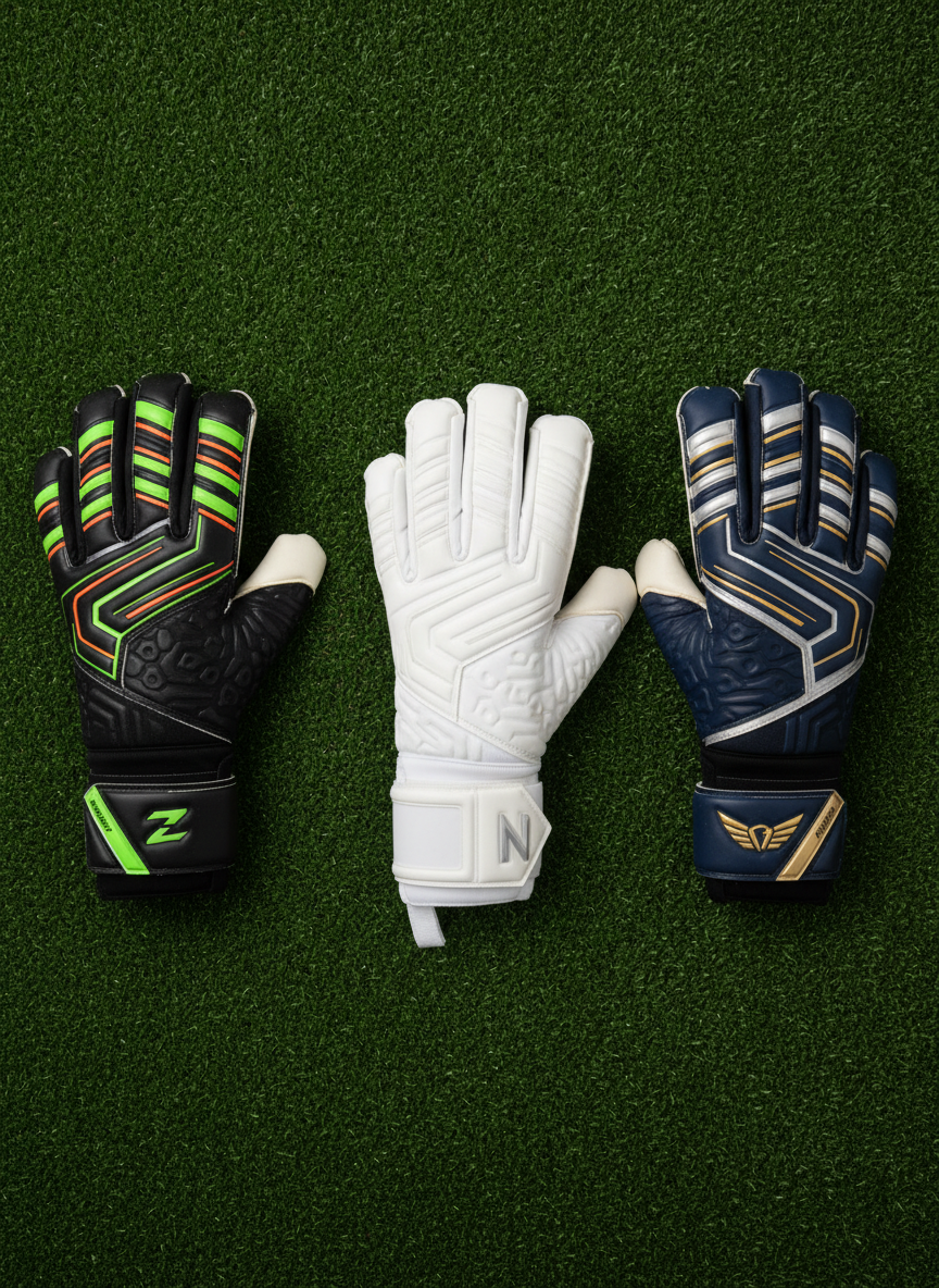 Flat lay composition of three different models of goalkeeper gloves arranged on a dark synthetic turf surface, each showcasing distinct cuts, colors, and grip patterns. One model is minimalist all-white with subtle embossing, another features black with neon accents, and the third combines navy with metallic details. Each wrist strap prominently displays a sleek, modern logo mark. Soft studio lighting from above creates even illumination with controlled highlights on latex palms and subtle shadows beneath each glove, emphasizing texture and craftsmanship. Photographic realism, top-down bird’s-eye view, clean and modern mood ideal for a catalog or product comparison focus.