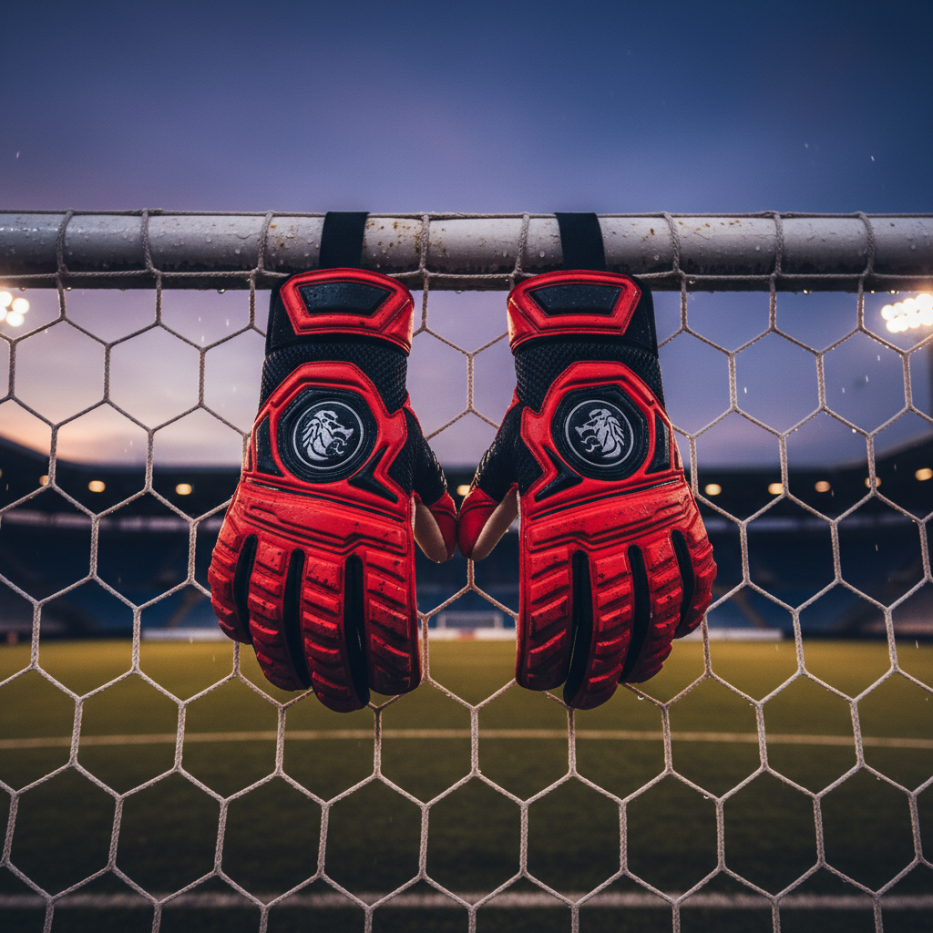 Goalkeeper gloves hanging by their wrist straps from the center of a goal crossbar, gently touching the white net behind them. The gloves are bold red and black with aggressive backhand ridges, breathable mesh inserts, and a clear brand emblem. Early evening stadium lights create a mix of cool and warm tones, highlighting the contours of the gloves and casting dramatic shadows against the net. Photographic realism with a slightly low angle, using the rule of thirds to place the gloves prominently. The atmosphere feels determined and gritty, symbolizing dedication, training, and the last line of defense.