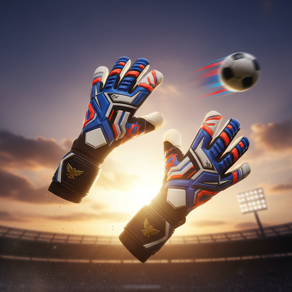 Dynamic in-action scene of goalkeeper gloves mid-air, reaching toward the top corner of an invisible goal, fingers fully extended as if making a dramatic save. The gloves feature striking angular patterns, high-contrast colors, and a clear emblem on each wrist band. A blurred football streaks past in the background, with motion blur lines suggesting speed. Golden hour sunlight from behind creates a powerful rim light outlining the gloves and accentuating the 3D structure of the backhand padding. Photographic realism with a low-angle, wide shot against a vivid, slightly cloudy sky, delivering a bold, adrenaline-filled, heroic atmosphere.